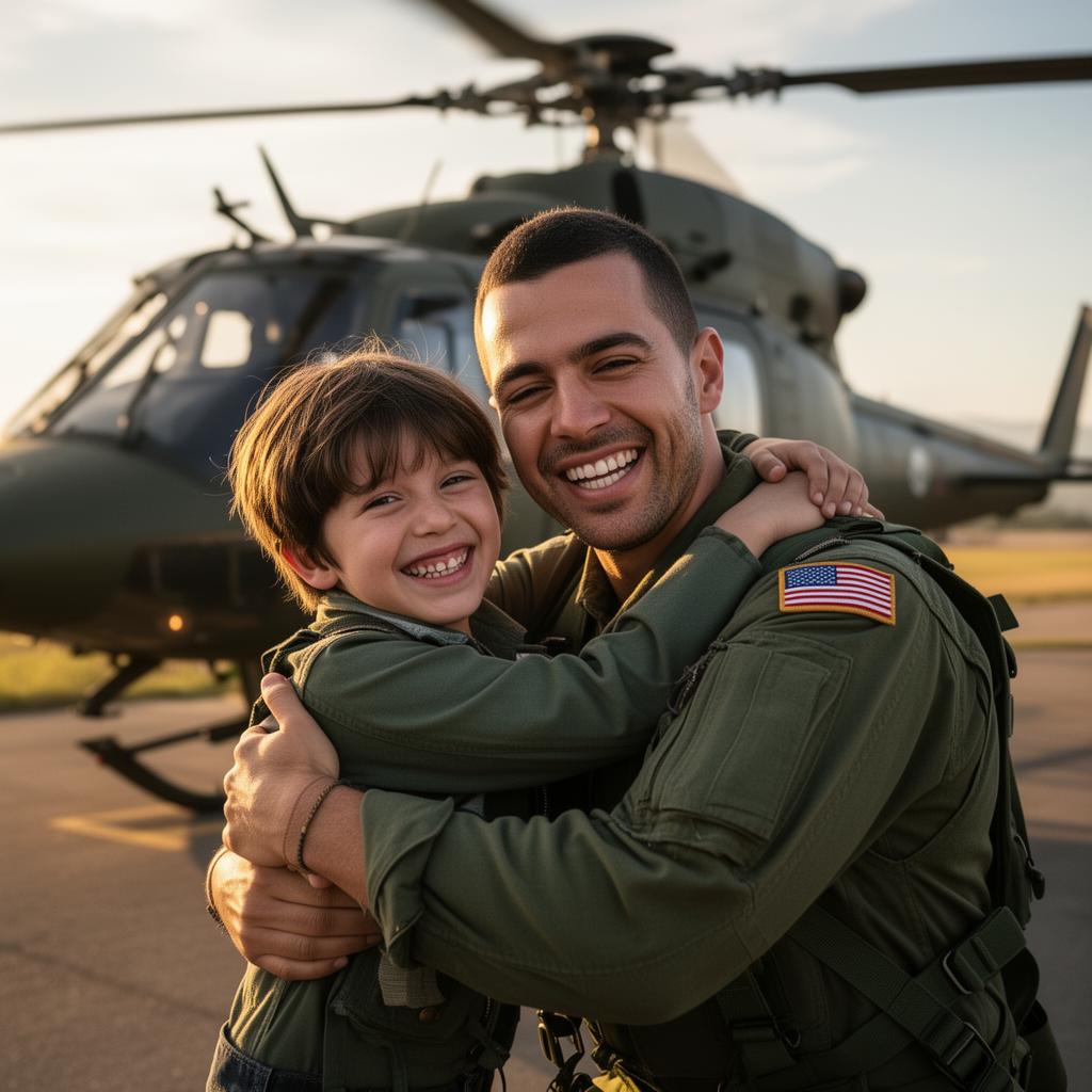 Child hugging a pilot in front of a helicopter