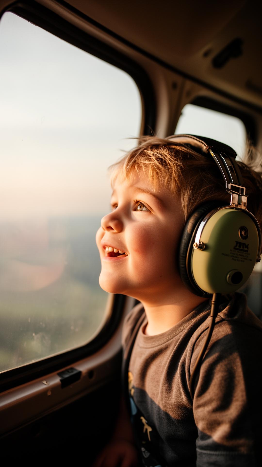 A child wearing aviator headphones looking out the helicopter window