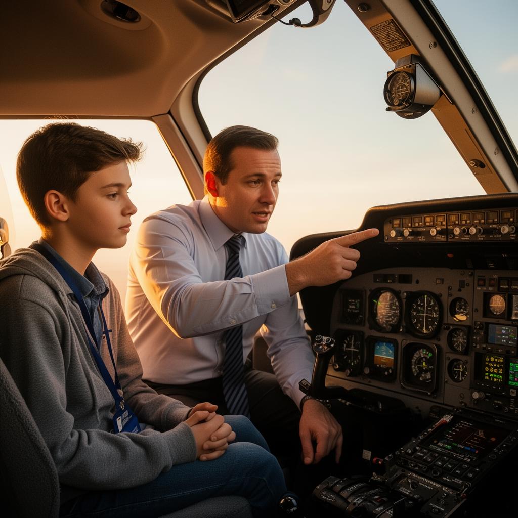 Instructor pointing at instruments while a young student learns to fly