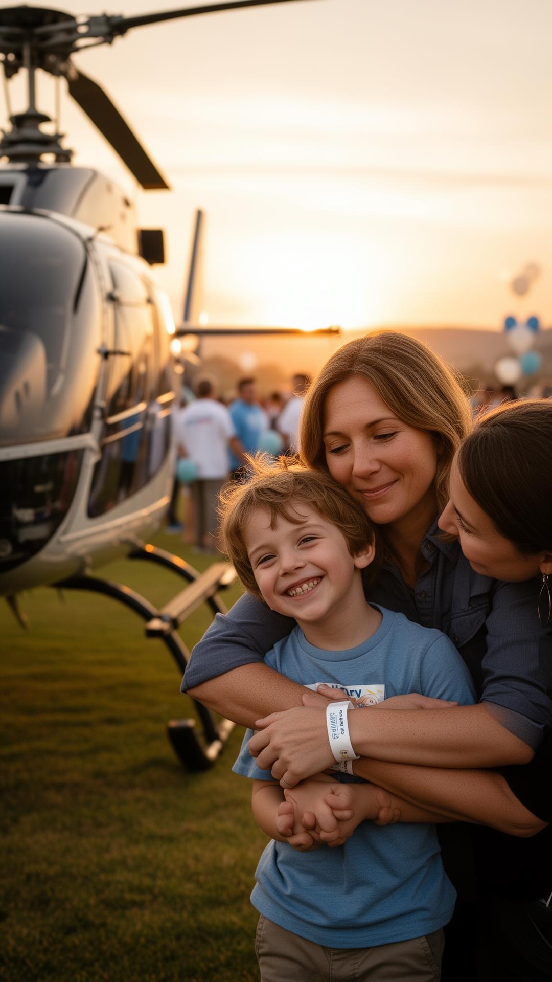 A child wearing a hospital wristband being hugged by their mother at a helicopter fundraiser