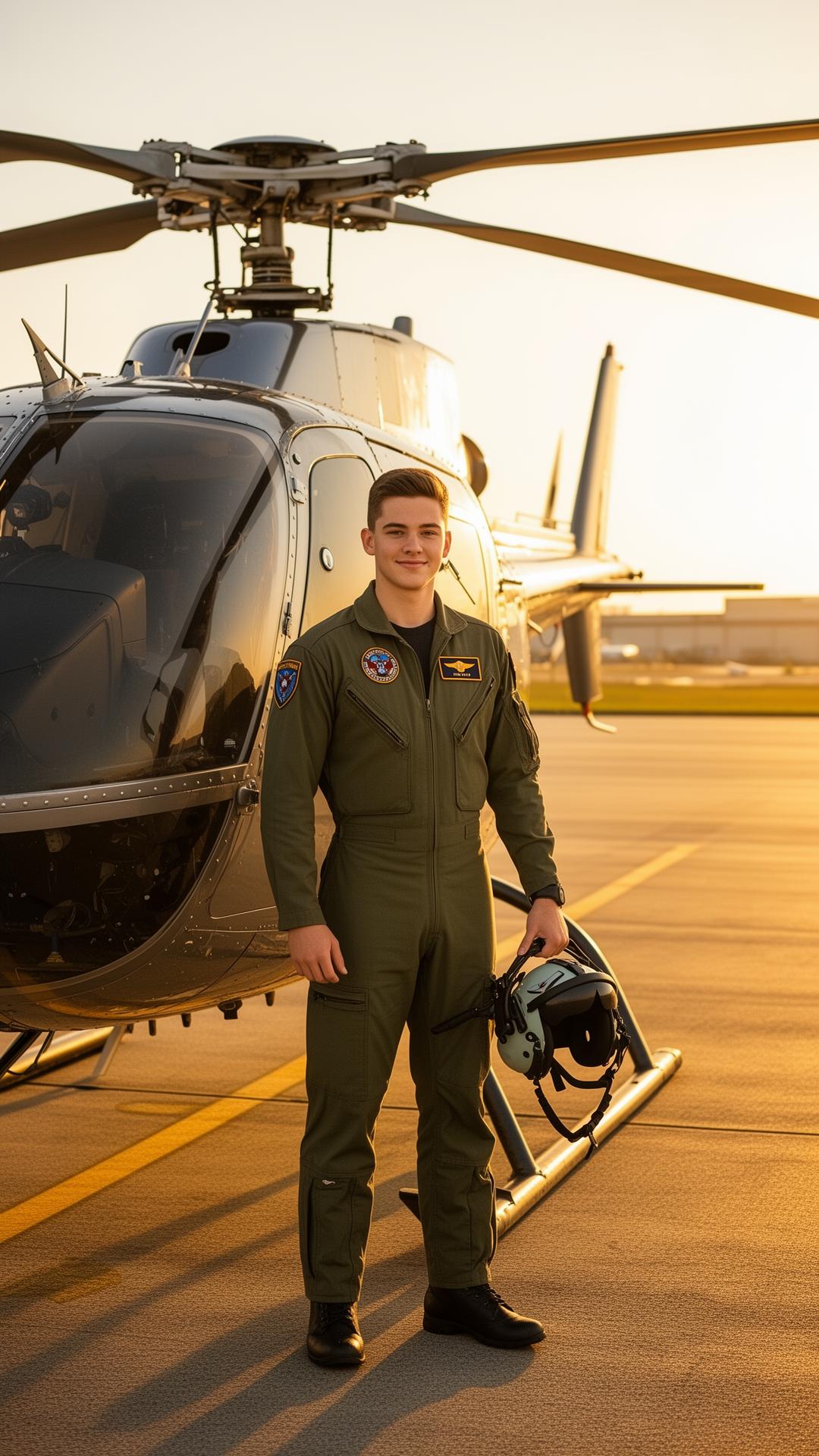 A young scholarship student in flight uniform standing beside a helicopter